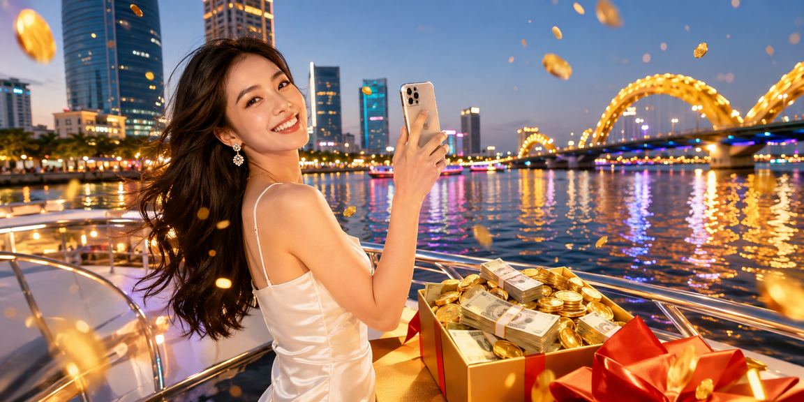 Người dùng trải nghiệm casino trên điện thoại tại lễ hội Đà Nẵng về đêm